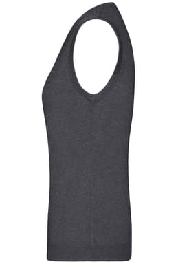 A grey ladies V-neck vest with a fitted design, featuring a wide armhole and soft knitted texture.
