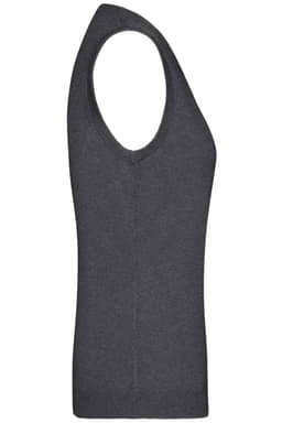 A knitted grey ladies' vest with a V-neck design, featuring a logo on the side.