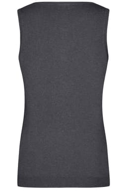 A ladies' v-neck vest in dark grey, featuring a fitted knitted design and a branded tag.
