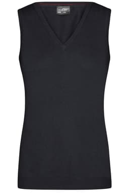 A sleeveless ladies V-neck vest in black, featuring a fitted design and a branding logo.