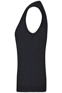 A black ladies v-neck vest with a fitted design, featuring a sleeveless cut and a ribbed hem.