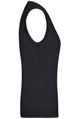 A black ladies v-neck vest made from knitted material, featuring sleeveless design and a fitted silhouette.