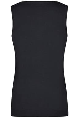 A black ladies v-neck knitted vest with a fitted design and no sleeves. Features a branding logo.