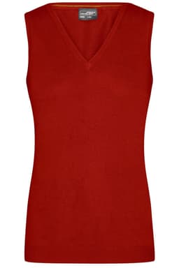 A red ladies' V-neck vest from the knitted jumpers category, featuring a sleek design and a logo.