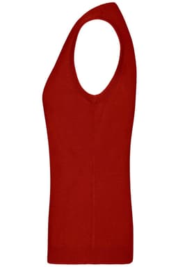 A red Ladies V-Neck Vest, featuring a sleeveless design and a fitted silhouette, with a brand logo present.