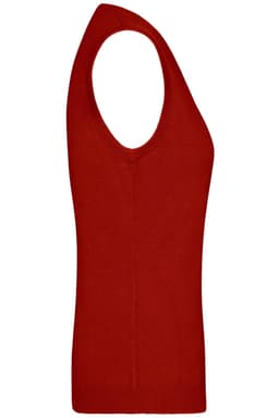 A red ladies V-neck vest made from knitted material, featuring a fitted silhouette and side seam detail.