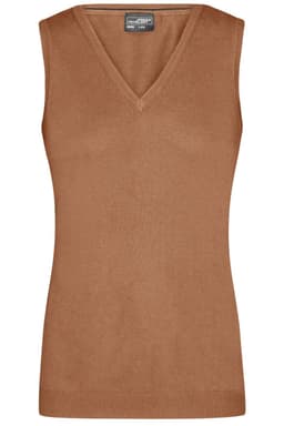 A sleeveless, V-neck vest in a warm tan colour, featuring a fitted design and ribbed hem. It has a logo.