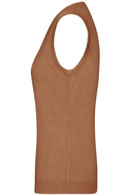 A ladies' v-neck vest in a warm tan colour, featuring a fitted silhouette and a ribbed hem.