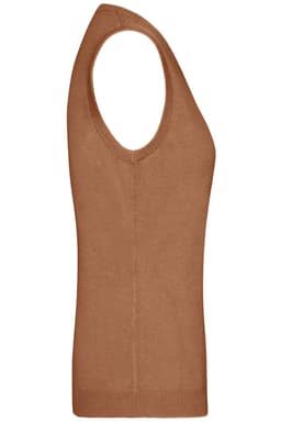 A brown ladies v-neck vest made from knitted material, featuring a sleeveless design and a fitted silhouette.