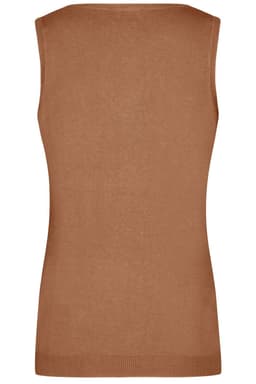 A brown ladies v-neck vest with a fitted design, featuring a plain back and no sleeves.