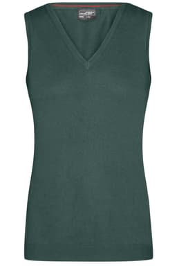 A green ladies v-neck vest in a knitted style, featuring a sleeveless design and a fitted silhouette.
