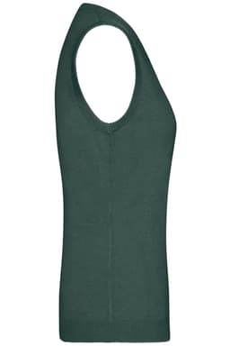 A knitted ladies' vest in dark green with a V-neck and sleeveless design. It features a logo.