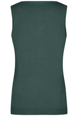 A green ladies' v-neck vest, featuring a knitted design and a fitted silhouette. The back view is displayed.