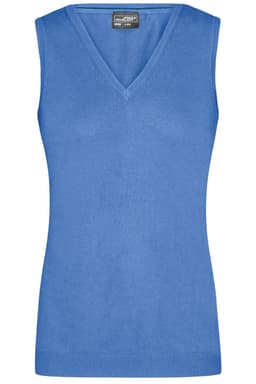 A ladies blue V-neck knitted vest featuring a sleeveless design and a logo on the label.