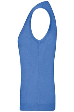 A blue ladies v-neck vest with a fitted silhouette and wide armholes, featuring a simple design.
