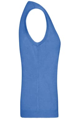 A blue ladies V-neck vest made from knitted fabric, featuring a sleeveless design and a fitted silhouette.