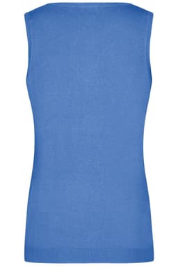 A blue knitted ladies' vest with a V-neck and sleeveless design, featuring a plain back.