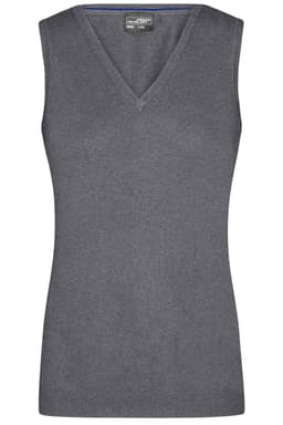 A grey ladies V-neck vest, featuring a sleeveless design and a soft knitted texture. It includes a logo on the label.