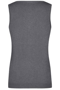 A ladies' grey knitted vest with a V-neck design and no sleeves, featuring a logo.