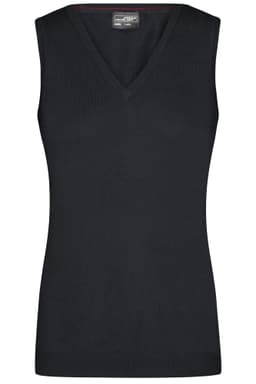 A black ladies v-neck vest from the knitted jumpers category, featuring a fitted design and no sleeves.