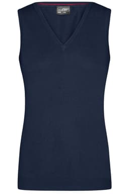 A navy sleeveless V-neck vest with a fitted design and a subtle logo on the label.