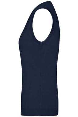 A navy blue ladies V-neck vest featuring a sleeveless design and fitted silhouette. It has a branding logo.