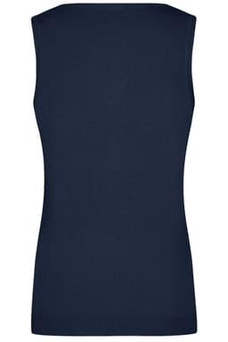 A navy blue ladies V-neck vest with a fitted design and no sleeves. It features a logo on the back.