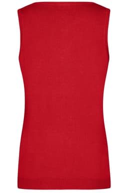 A red sleeveless vest with a V-neck design, featuring a smooth, knitted texture from the back view.