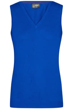 A vibrant blue ladies v-neck vest with a fitted design, made from knitted fabric. It features a branding logo.