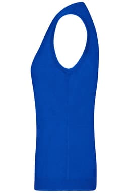 A blue ladies v-neck vest featuring a sleeveless design, showcasing a fitted silhouette.