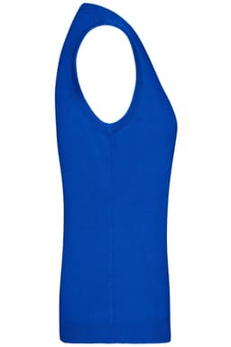 A blue ladies v-neck vest, featuring a fitted design and sleeveless style. It has a logo on the material.
