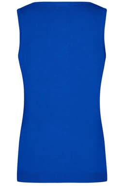A blue, sleeveless v-neck vest made from knitted material, featuring a solid design and a branding logo.