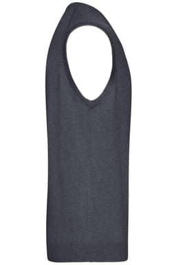A dark grey men's V-neck vest with a knitted texture and sleeveless design.