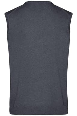A knitted men's V-neck vest in dark grey, featuring a sleeveless design and a back view. Includes branding detail.