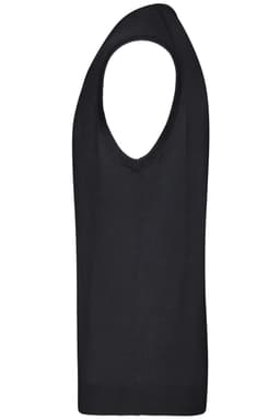 A black men's v-neck vest with a sleeveless design, featuring a ribbed hem and a logo.