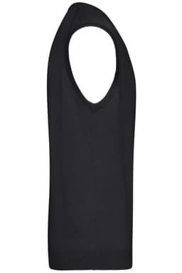 A black men's v-neck knitted vest with a sleeveless design. It features a logo on the side.