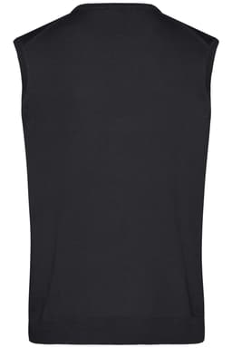 A black men's V-neck vest with no sleeves, featuring a simple knitted design and a logo on the back.