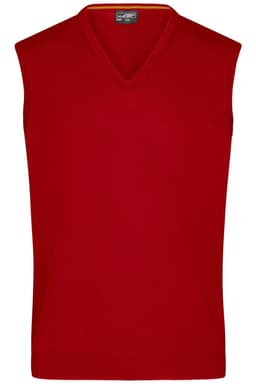 A red men's v-neck vest with a sleeveless design, featuring a subtle logo. Suitable for casual wear.