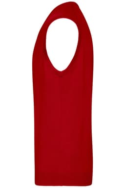 A red men's V-neck vest, featuring a sleeveless design and a fitted shape. It has a logo branding.