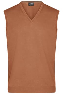 A men's v-neck vest in a warm brown shade, featuring a sleeveless design and a knitted texture.
