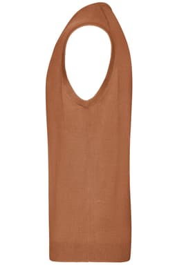 A knitted men's vest in a warm brown hue with a V-neck design and sleeveless style.