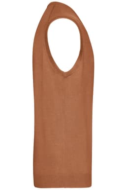 A men's knitted v-neck vest in a warm orange-brown colour, featuring a deep v-neck and sleeveless design.