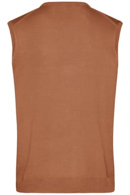 A men's v-neck vest in a warm brown colour, featuring a sleeveless knitted design and a subtle logo.