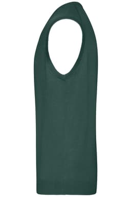 A green men's v-neck vest with a sleeveless design, featuring a smooth knitted texture.