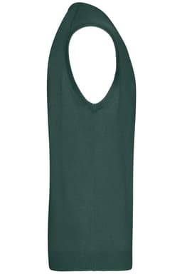 A knitted men's v-neck vest in a deep green colour, featuring a sleeveless design. There is a logo visible.