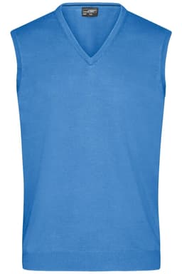 A blue knitted V-neck vest with a sleeveless design, featuring a label at the neckline.