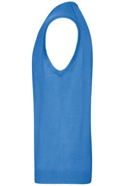 A blue men's V-neck vest made from knitted fabric, featuring a sleeveless design.