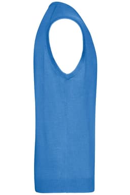 A blue men's knitted v-neck vest with a sleeveless design and a simple ribbed hem.
