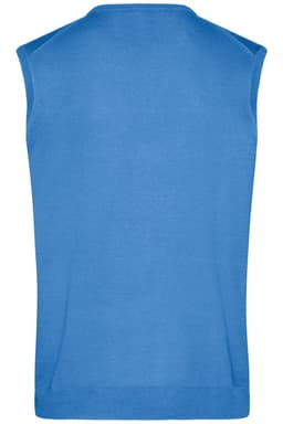 A blue men's V-neck vest with a sleeveless design, featuring ribbed detailing at the hem.