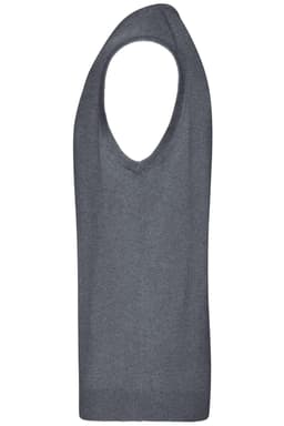 A grey men's V-neck vest made from knitted material, featuring a sleeveless design.